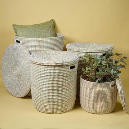Storage & Organization, Decorative Baskets for your Home, Laundry Hamper, Baby Nursery Toys Bin, Living Room Blankets Storage, Towels Holder, Wicker, Woven, Lid, Wide, White, Set, 4pcs