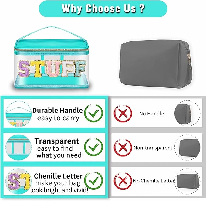 Chenille Letter Clear Makeup Bags Stuff Pouch, Preppy Patch Makeup Bag Zipper with Handle, Transparent PVC & Nylon Waterproof Glitter Cosmetic Handbag Travel Toiletry Storage for Women (STUFF-Green)