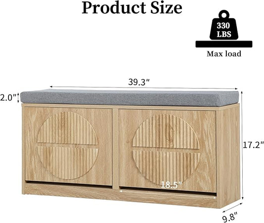 Narrow Shoe Storage Bench for Entryway, Wooden Shoe Cabinet with Flip Drawers& Adjustable Shelves, Shoe Rack Bench with Cushion, Shoe Organizer with Fluted Pattern for Hallway, Living Room (Natural)