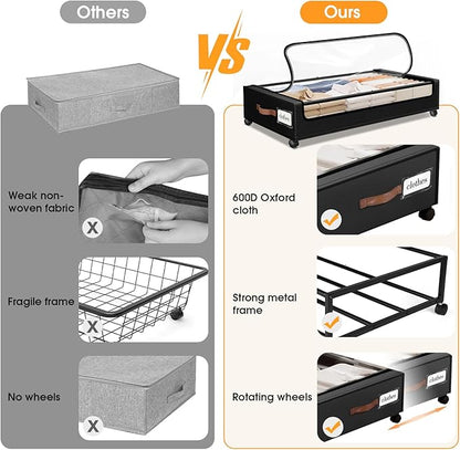 SpaceHacks Under Bed Storage with Wheels 1Pack Storage Containers with Clear Window&Label Under Bed Drawers Rolling Under Bed Storage for Clothes,Shoes, Blankets (30.71 x 16.93 x 6.69 in, Black)