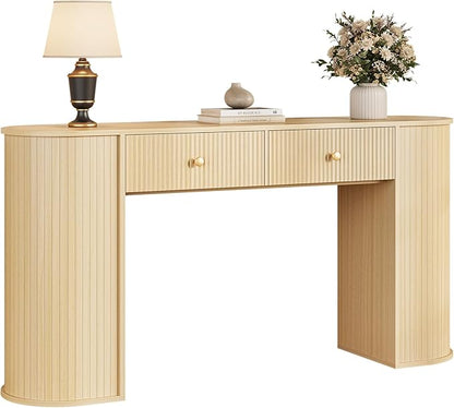 59" Fluted Console Table with 2 Drawers - Wood Entryway Table with Storage, Long Modern Sofa Tables Behind Couch with Curved Leg for Living Room, Entry, Hallway, Entrance, Foyer, Natural