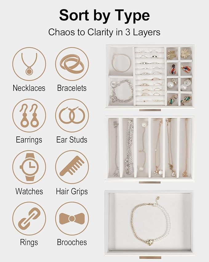 Jewelry Box for Women, Glass Lid Jewelry Organizer with 3 Drawers PU Jewelry Storage Case for Necklaces Rings Earrings Bracelets, White