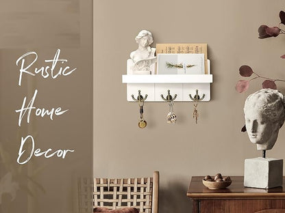 Rebee Vision Key Holder for Wall with Shelf: Elegant Farmhouse Mail Organizer with Decorative Floating Shelf and 3 Anchor Key Hooks for Wall - Retro Key Hangers for Entryway Decor (Rustic White)