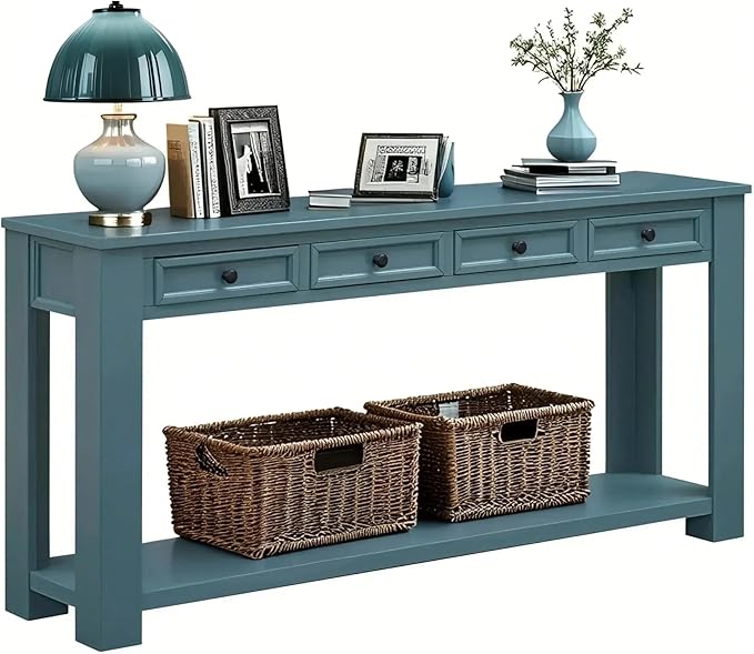 LKTART Solid Wood Console Table,63 in Long Sofa Table Entryway Table with 4 Drawers and Bottom Shelf for Hallway Living Room Couch Table,Easy Assembled (63" Dark Blue)