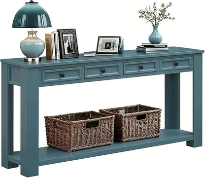 LKTART Solid Wood Console Table,63 in Long Sofa Table Entryway Table with 4 Drawers and Bottom Shelf for Hallway Living Room Couch Table,Easy Assembled (63" Dark Blue)