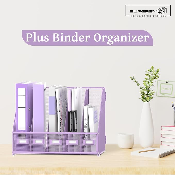 SUPEASY Desk Organizers Metal Desk Magazine File Holder with 5 Vertical Compartments Rack File Organizer for Office Desktop, Classroom, Home Workspace, Purple Plus
