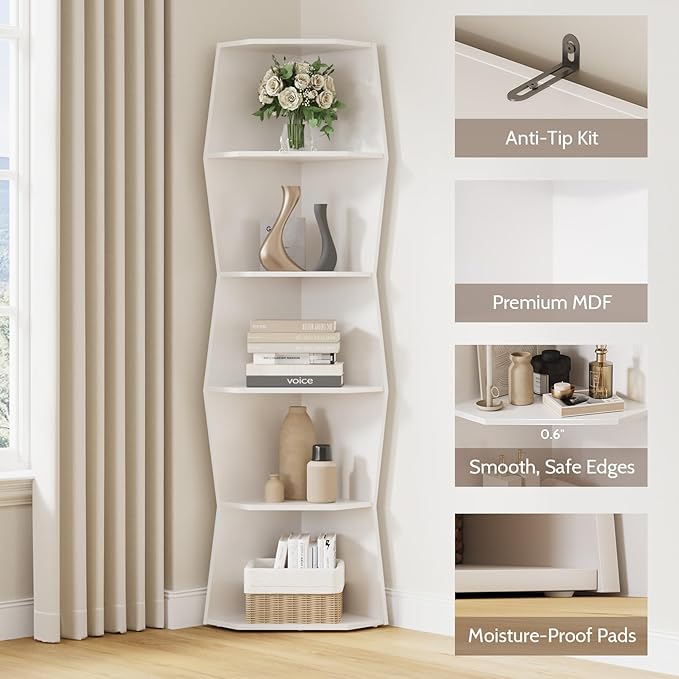 Vividwood Wavy Corner Shelf, Modern 6-Tier Irregular Wooden Corner Bookshelf, Narrow Tall Display Bookcase for Living Room, Bedroom