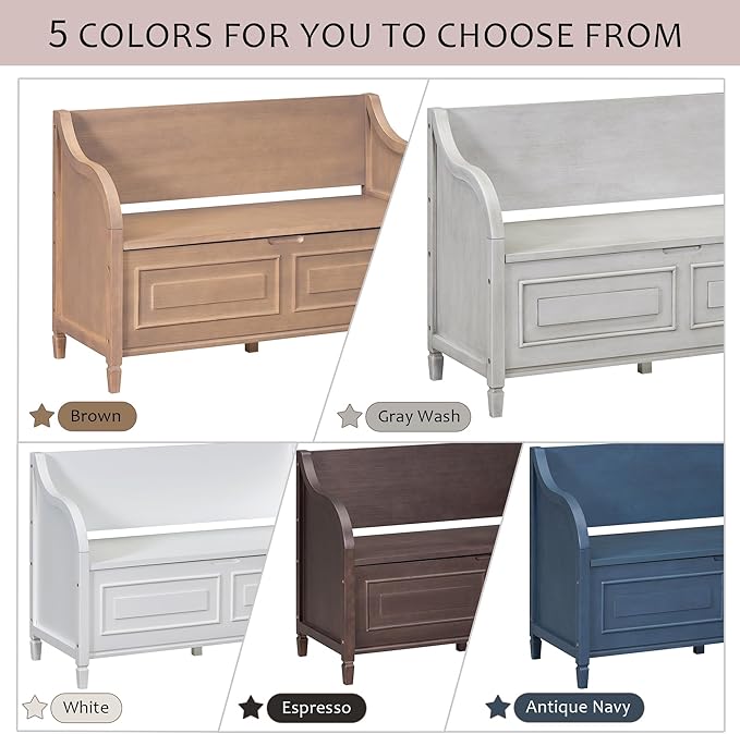 Bellemave Storage Bench with Safety Hinge Wooden Entryway Benches with Shoe Cabinets Under Seat Multifunctional Storage Bench for Entryway, Foyer or a Mudroom (Brown + Beige)