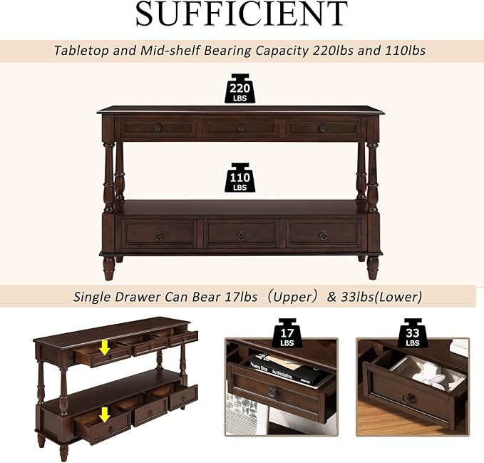 KEIKI 54”L Pine Solid Wood Entryway Console Table with 6 Storage Drawers, Vintage Behind Couch Sofa Table with 2 Tiers Open Shelf for Hallway, Entrance, Entry Way, Living Room, Foyer