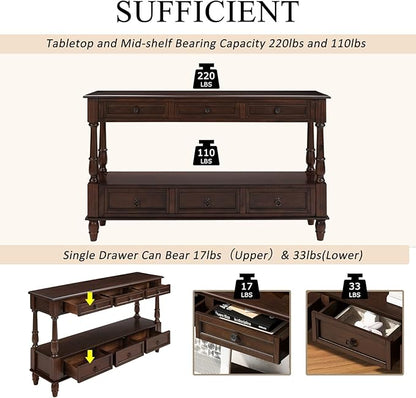 KEIKI 54”L Pine Solid Wood Entryway Console Table with 6 Storage Drawers, Vintage Behind Couch Sofa Table with 2 Tiers Open Shelf for Hallway, Entrance, Entry Way, Living Room, Foyer
