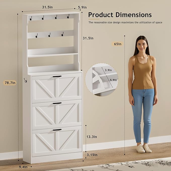 EOYUTLLY Shoe Cabinet Storage for Entryway, Narrow Shoe Rack Cabinet with 3 Flip Drawers & Coat Rack, Hidden Shoe Storage Cabinet, 2-in-1 Hall Tree Slim Freestanding Shoe Rack Organizer, White