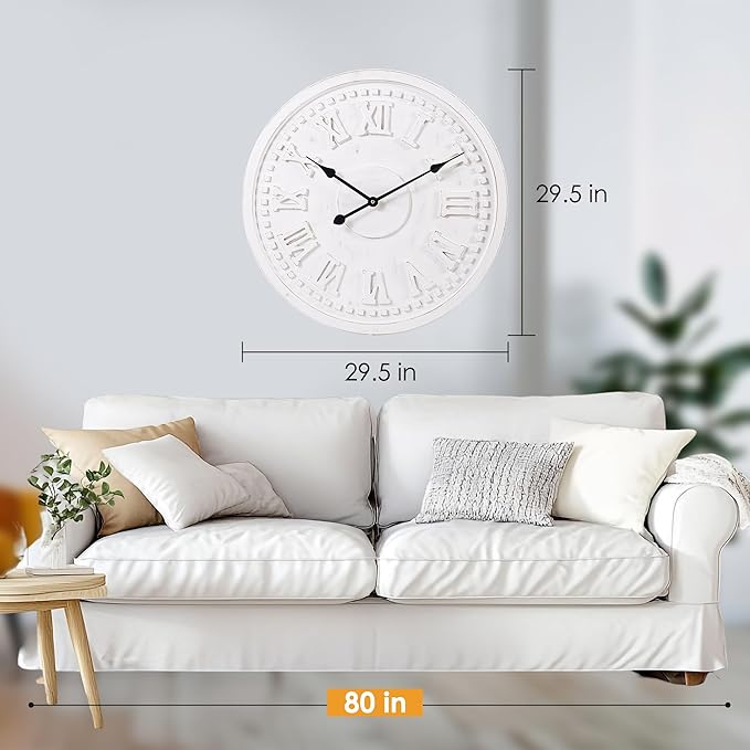 Vintage Wall Clock with Roman Numerals – 24", 30", 36" – Quartz Movement, Black Hands, Distressed Finish, MDF Wood Veneer – Elegant Home Decor, 36"