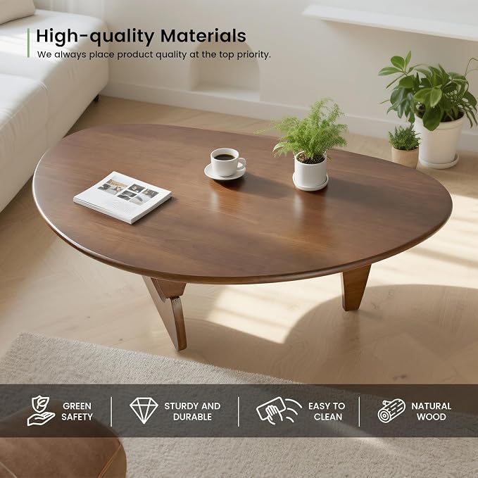 Modern Triangle Coffee Table: Unique Funky Soild Wood Coffee Tables for Living Room, Wooden Oval Mid-Century Modern Abstract Tea Tables for Patio Office Balcony (Walnut, 33" L x 22" W x 16" H)