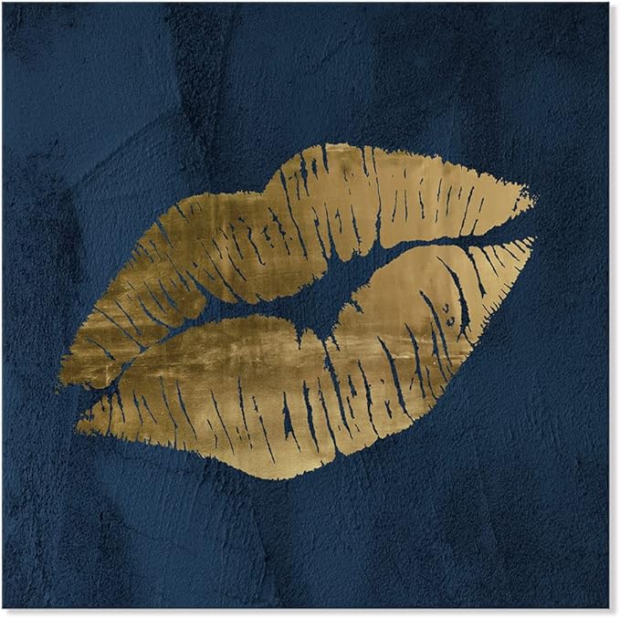 Navy Blue and Gold Lip Canvas Wall Art Lip Wall Decor Fashion Poster Sexy Painting Cute Pictures for Bedroom Bathroom Makeup Home Decoration 32x32Inch