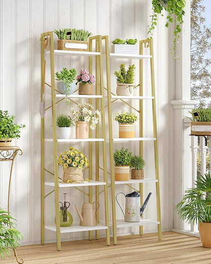 Ladder Shelf, Bookshelf Bookcase, Freestanding Corner Storage Shelve with 2 Hooks for Home Office, Living Room, Kitchen, Bedroom, Industrial, 11.8" D x 17.3" W x 63" H, White Gold BC19213G