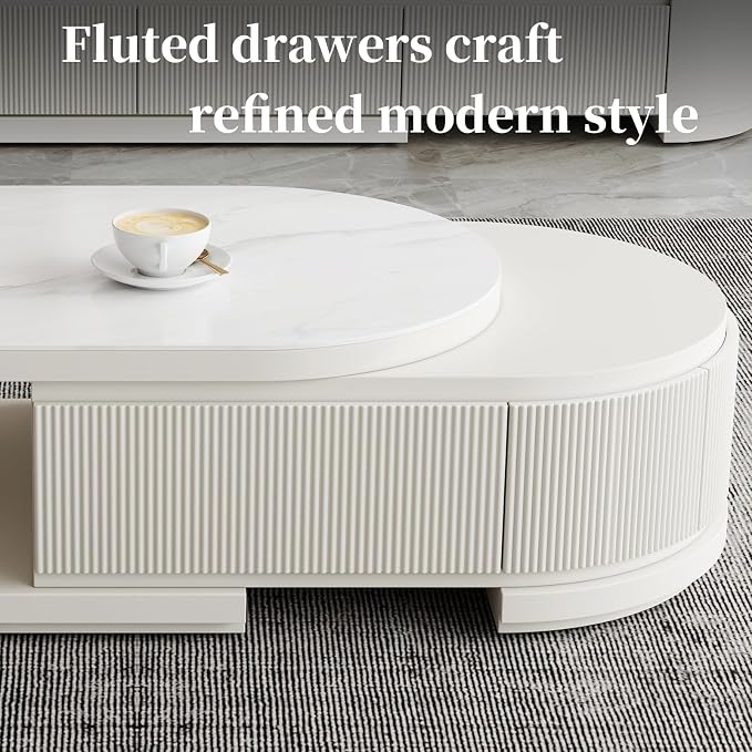 Modern Marble Coffee Table with Storage Drawers, Extendable Solid Wood Coffee Tables for Living Room, Fully Assembled Fluted Oval Center Table, No Installation Needed, White Finish