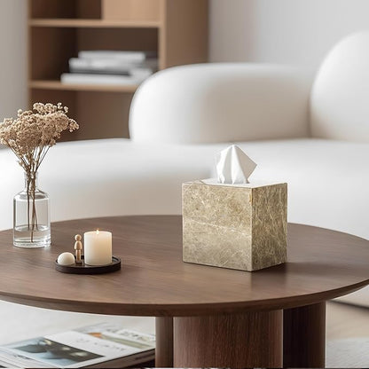 N NANSHOP Natural Marble Tissue Box Holder Cover, Square Cube Tissue Box Holder with Open Bottom for Bathroom Vanity Tops, Bedroom Dressers, Kitchen Countertop, Light Brown (NS042)