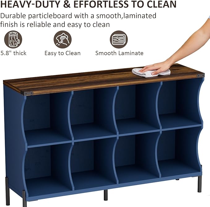 8 Cube Book Shelf, Low and Short Bookshelf, Long Cube Storage Organizer Wood TV Stand, Toy Organization DVD Cabinets for Living Room, Office, Bedroom, Dorm, Blue with Natural Top