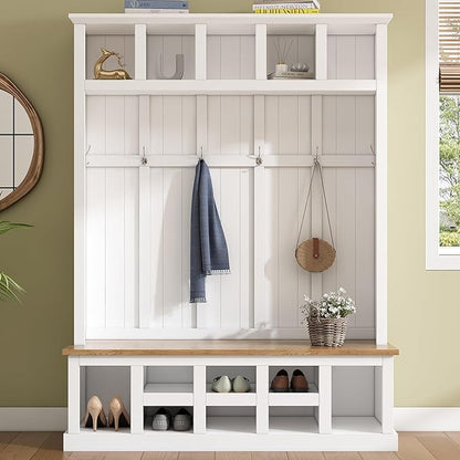 Merax Wood Farmhouse Hall Tree with Storage Entryway Bench, 3-in-1 Coat Racks with 6 Hooks &Shelves for Entrance, Hallway, Mudroom,White