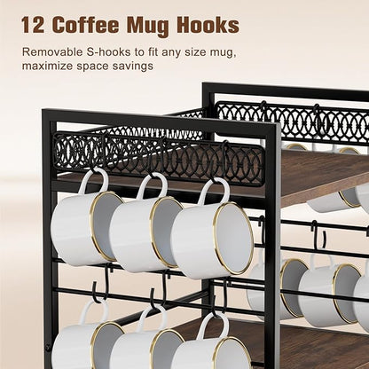 Coffee Bar Organizer, 4 Tier Coffee Station Organizer for Countertop, 30 K Cup Pod Drawer, Mug Cup Holder Stand With 12 Hooks, Multifunctional K Pods Shelf Storage Holder Drawer