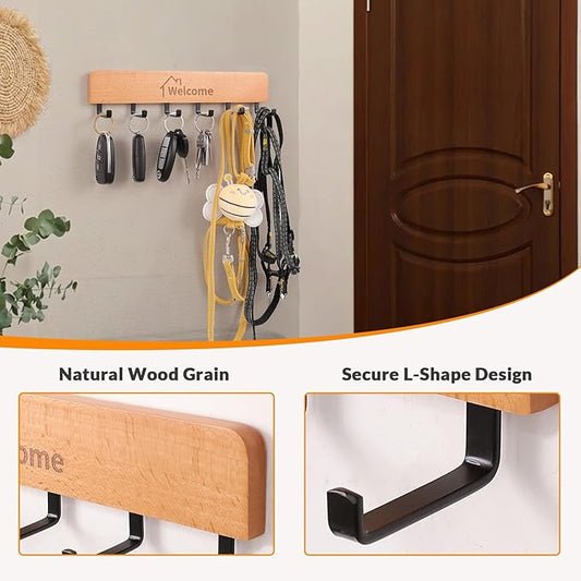 Wooden Key Holder with Metal Hooks,No Drill Adhesive & Screws, Wall Mount Entryway Organizer for Keys, Coats, Hats, Rustic Farmhouse Wall Decor for Hallway, Apartment (2, Natural)