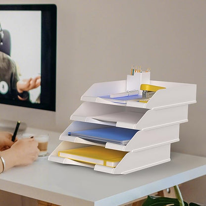 4 Pack Stackable Paper Trays for Letter Documents, Desktop File Organizers for Office Supplies, Stackable Desk Tray Holder for Paper Storage, White