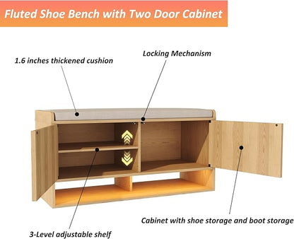 HOMEFORT 39.4" Fluted Shoe Storage Bench, Entryway Bench with Linen Seat Cushion, Shoe Cabinet Bench with Adjustable Shelf and Built-in LED Sensor Light, Bench for Bedroom End of Bed, Natural Oak