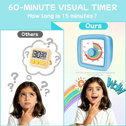 Kids Visual Timer, 60-Minute Silent Timer Countdown Clock with Rainbow Design, Plastic Mini Time Management Tool Timers for Classroom Kitchen Cooking Homework, Sensory Support&Focus Aid, Blue