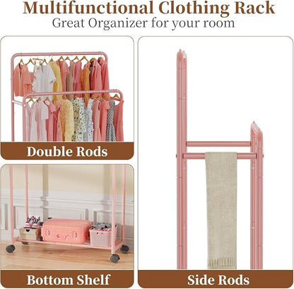Simple Trending Clothing Clothes Rack Double Rods with Wheels, Rolling Metal Garment Rack for Hanging, Pink