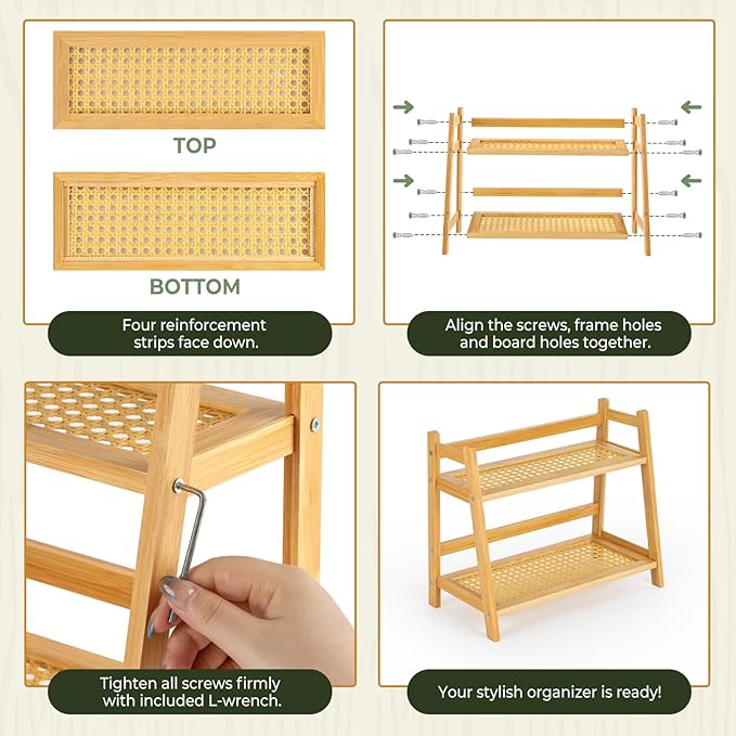 ANBOXIT Rattan-Look Matcha Station Organizer, Countertop Bamboo Tea & Coffee Accessories Station Organizer, 2 Tier Mug Holder Display Stand for Kitchen Condiment, Home, Office