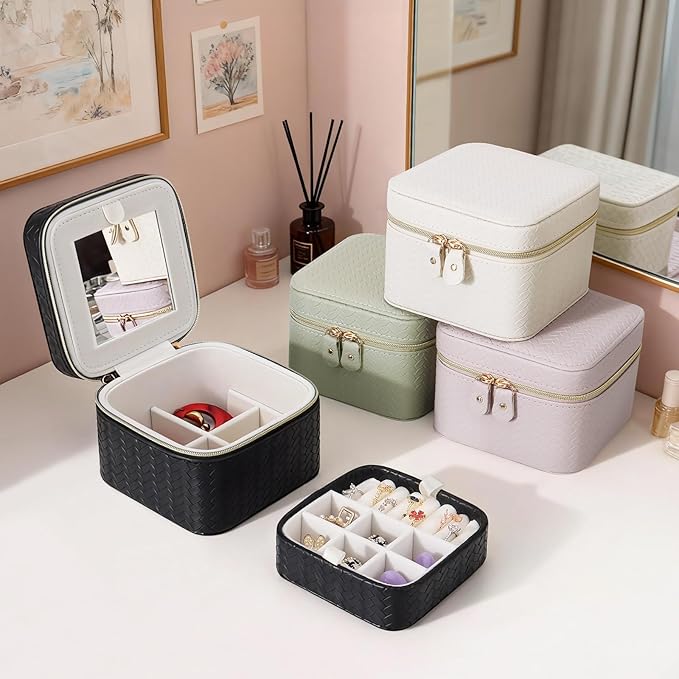 DesignSter Travel Jewelry Case for Woman, Small Travel Jewelry Box with Mirror,4.72×4.72×3.54 inches,Portable Design Travel Jewelry Organizer,Double Headed Zipper