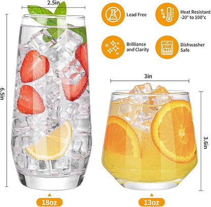 Drinking Glasses Set of 8,Clear 13 oz & 18oz Crystal Glass Cups,Drinkware Glassware,Highball Water Tumbler,Short Stemless Wine Glasses，for Beer,Cocktail,Whiskey,Juice and Various Mixed Drinks