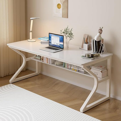 Extra Long Desk with Bookshelf - 55" Double Long Writing Table for 2-Person Workstation, Modern Study Work Computer Desk for Home and Office, Warm White