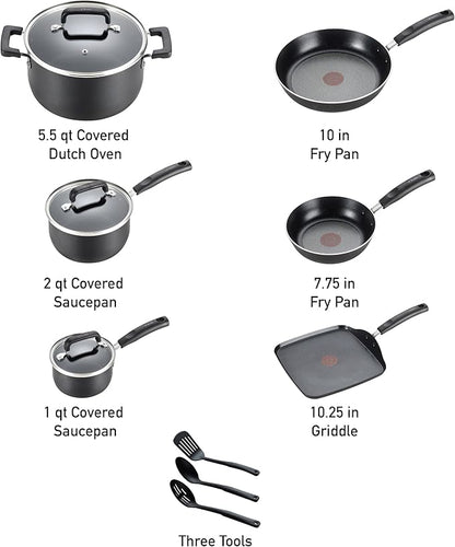 T-fal Signature Nonstick Cookware Set 12 Piece, Oven Broiler Safe 350F, Pots and Pans, Kitchen Cooking Set w/Fry Pans, Saucepans, Saute Pan, Dutch Oven, Griddle, Kitchen, Home, Dishwasher Safe, Black