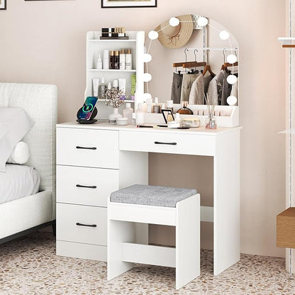 COSTWAY Vanity Desk with Mirror and Lights, Dressing Table with Charging Station, 3 Shelves, 1 Tabletop Storage Organizer, 4 Drawers and Stool, Bedroom Makeup Vanity Set for Girl, Teen, Women (White)