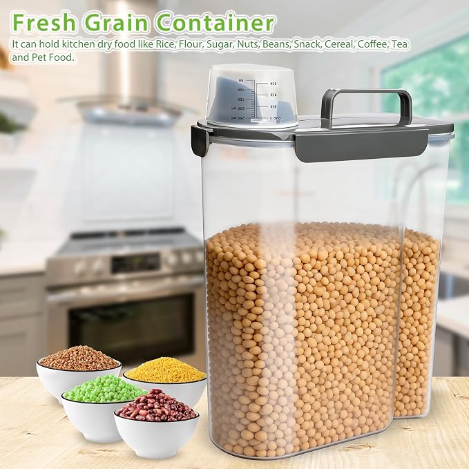 Viretec Rice Storage Container, 15 to 20lb Dry Food Airtight Dispenser, Pet Dog Cat Food Canister, BPA Free Clear Plastic Kitchen and Pantry Organization Bin for Oatmeal, Cereal, Pasta, Flour Grey