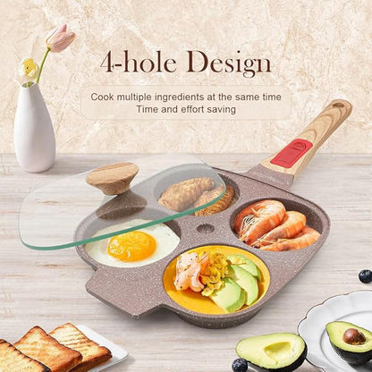 Ceramic Egg Frying Pan with Lid, Nonstick 4 Cup Fried Egg Pan with Detachable Handle, Omelette Pan Induction Compatible - Brown
