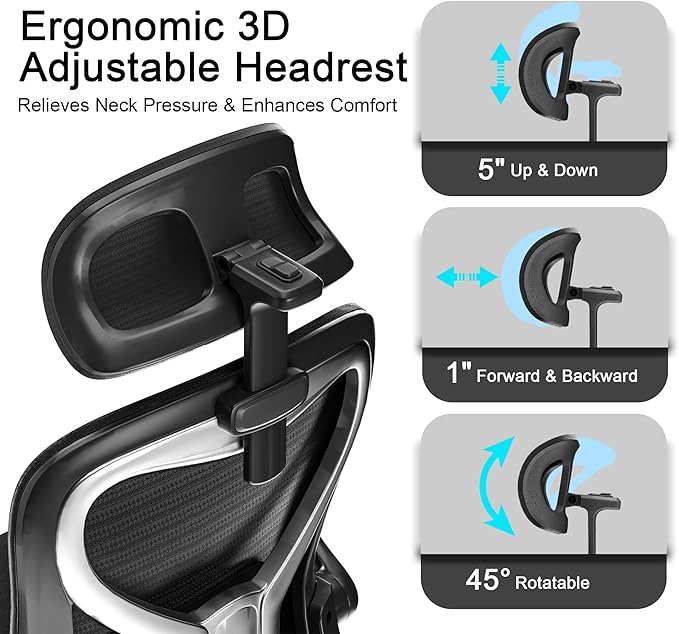 Ergonomic Office Chair, Mesh Desk Chair with Headrest, Lumbar Support, Thick Seat Cushion, Flip-up Arms, High Back Computer Task Chairs for Home Office (English, Black/Silver)