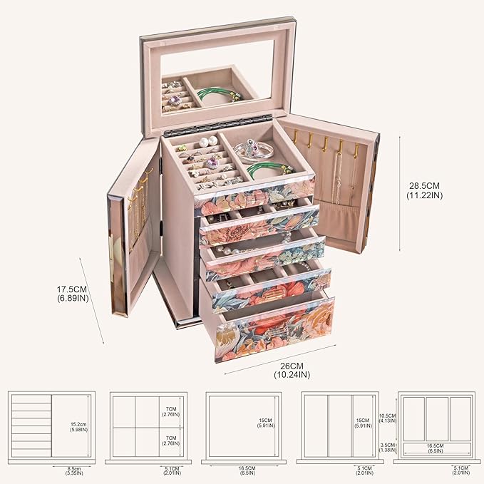 High End Glass Jewelry Box - 5 Layer Jewelry Organizer with 2-Sided Doors and Mirror - Velvet-Lined Organizer For Ring, Necklace, Earring, Bracelet Storage - Christmas Gifts For Women