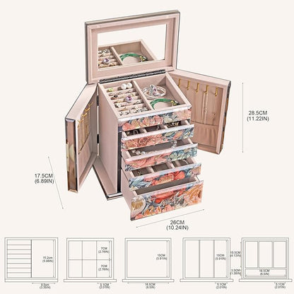 High End Glass Jewelry Box - 5 Layer Jewelry Organizer with 2-Sided Doors and Mirror - Velvet-Lined Organizer For Ring, Necklace, Earring, Bracelet Storage - Christmas Gifts For Women