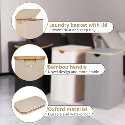 iEGrow 65L Slim Laundry Hamper, Narrow Laundry Basket with Lid,Foldable Clothes Hamper with Bamboo Handles,Hamper Basket with Removable Inner Bag for Laundry Room Bedroom College Dorm,Oatmeal