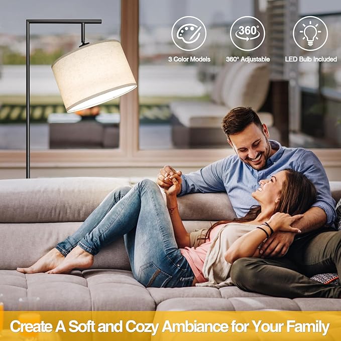 Floor Lamp for Living Room with 3 Color Temperatures Standing Lamp with Adjustable Beige Linen Lampshade Tall Lamps for Bedroom Office Classroom Dorm Room, 9W LED Bulb Included, Black