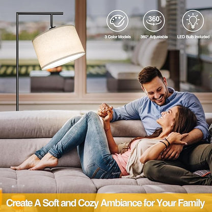 Floor Lamp for Living Room with 3 Color Temperatures Standing Lamp with Adjustable Beige Linen Lampshade Tall Lamps for Bedroom Office Classroom Dorm Room, 9W LED Bulb Included, Black