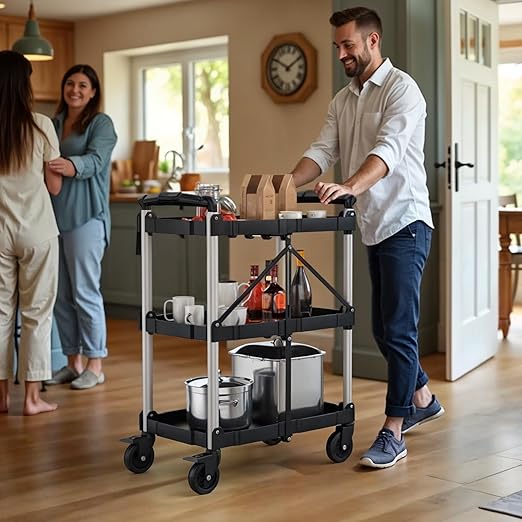 YITAHOME 3-Tier Folding Utility Cart with Wheels, Foldable Service Cart Collapsible Rolling Cart w/ 360° Swivel Wheels & Brake, 350lbs Load Capacity Portable Utility Cart for Kitchen, Warehouse