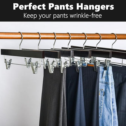 Amber Home 24 Pack Retro Wooden Pants Hangers with Clips, Walnut Wood Bottom Jeans Skirt Hanger, Clip Hanger for Trousers, Slacks, Shorts (Vintage, 24)