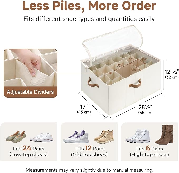 StorageWorks Shoe Organizer for Closet, Fits up to 24 Pairs, Shoe Cubby Storage Containers with Adjustable Dividers and Clear Cover, Beige
