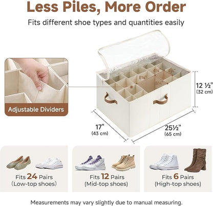 StorageWorks Shoe Organizer for Closet, Fits up to 24 Pairs, Shoe Cubby Storage Containers with Adjustable Dividers and Clear Cover, Beige