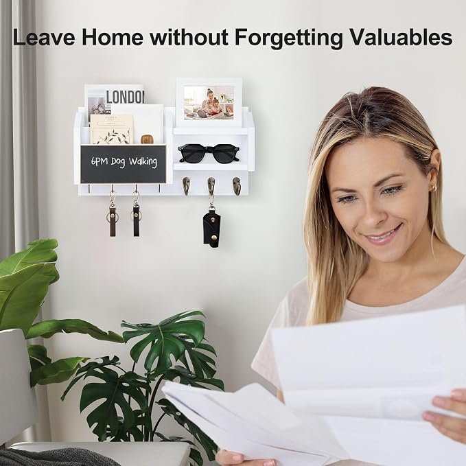 Lwenki Mail and Key Holder – Wall Mount Key Hanger with Shelf and 7 Metal Hooks – Decorative Natural Paulownia Wood Entryway Organizer with Mounting Hardware (16.5”W x 8.7”H x 3.5”D) (White)