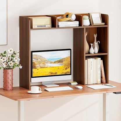 Desk Hutch, Desktop Shelf with 5 Shelves, Desk Bookshelf w/Anti-Toppling Devices, Wood Table Top Bookshelf Organizer, Small Desk Shelf for Study, Office, Dorm (Walnut, 5 Shelves)