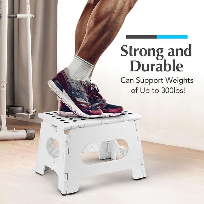 Handy Laundry Folding Lightweight Step Stool - Sturdy Enough to Support Adults - Opens Easy with One Flip - Great for Kitchen, Bathroom or Bedroom (White - 9 Inch)